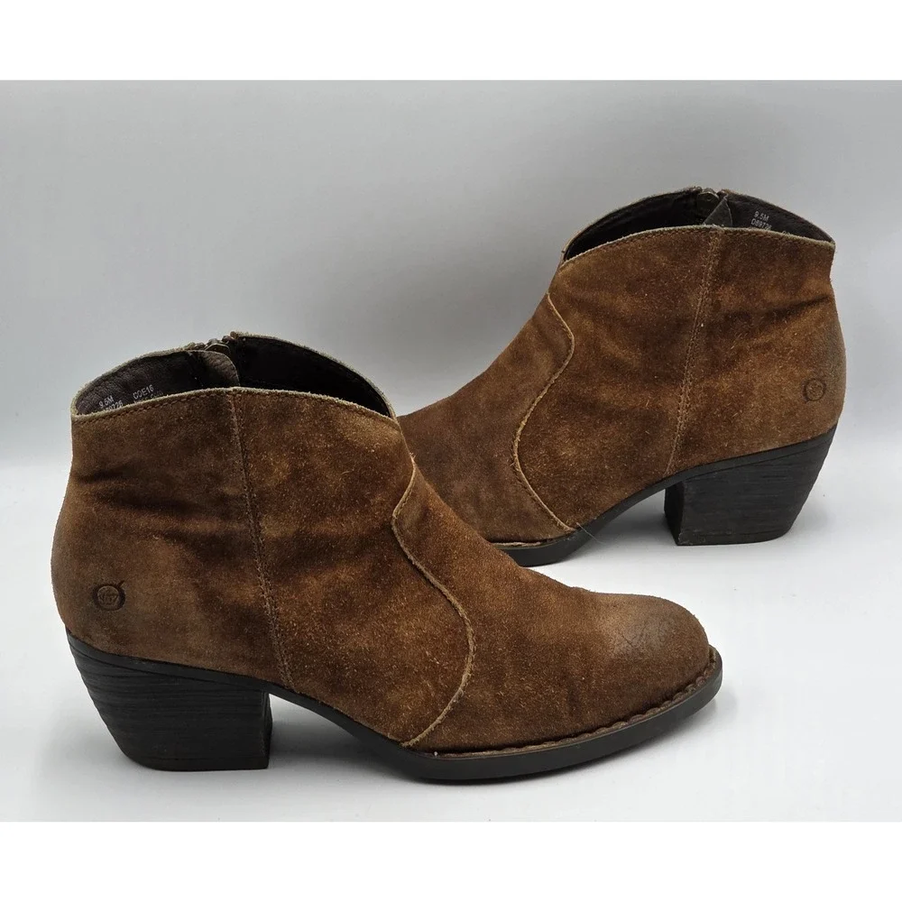Born Womens 9.5M Ankle Boots Distressed Cognac Suede Leather Zip Booties
